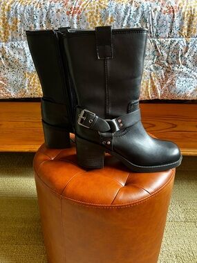 Steve Madden Black Mid-Calf Block Heel Harness Boots